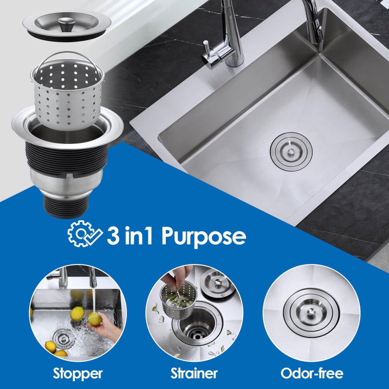 ROVOGO 3-1/2 inch Kitchen Sink Drain Assembly with Removable Deep Strainer Basket, Sealing Stopper Plug and Tailpiece, 304 Stainless Steel, Brushed - Image 3
